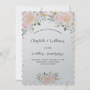 Invitación Lujo floral rosa plateado para el 25º aniversario 