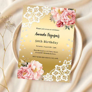 Invitación Lujo florals de color rosa dorado 50 años
