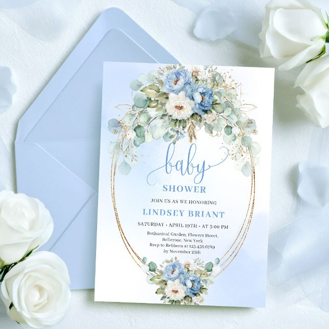Invitación Lujo Flores Azules Polvorientas Eucalipto Oro Bebe (Luxury Dusty Blue Flowers Eucalyptus Gold Baby Shower)