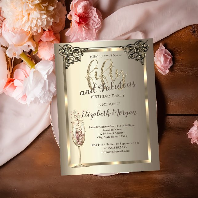 Invitación Lujo Frontera Champagne Glass 50 cumpleaños (Subido por el creador)