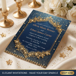 Invitación lujo glam moderno azul Bodas chic Glitter oro