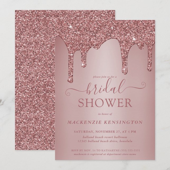 Invitación Lujo Glam Rosa Gold Purpurina Drill Bridal Shower (Anverso / Reverso)