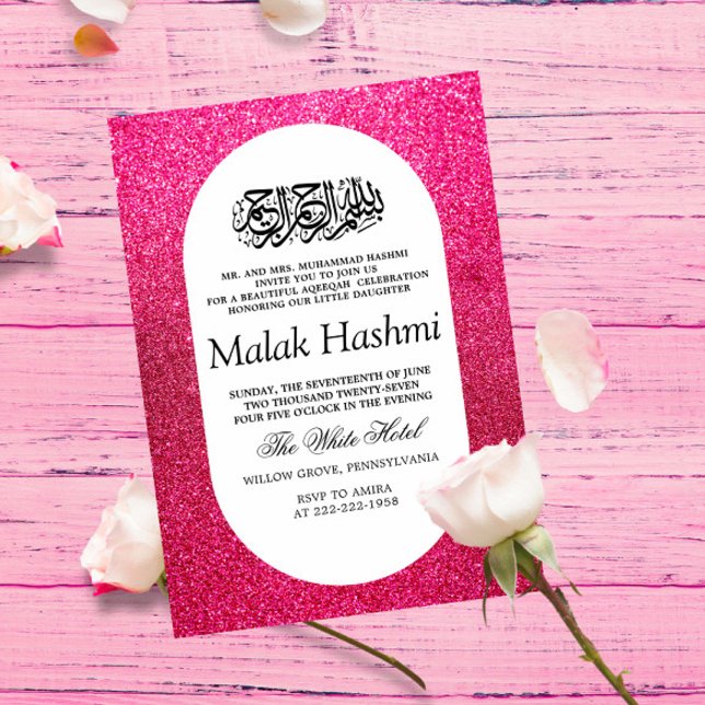 Invitación Lujo Gliter Rosa Baby Aqiqa Aqeeqah Islámico (Subido por el creador)