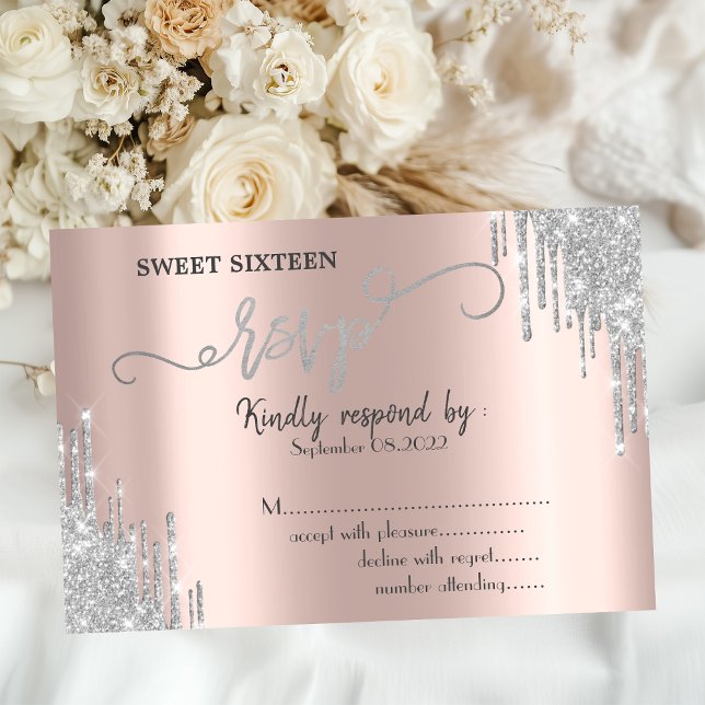 Invitación Lujo Gotear Plata Brillo RSVP Dulces 16  (Subido por el creador)