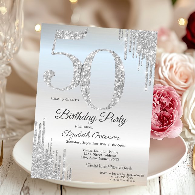 Invitación Lujo Goteo de Brillo Plateado Cumple 50 Plateado (Subido por el creador)