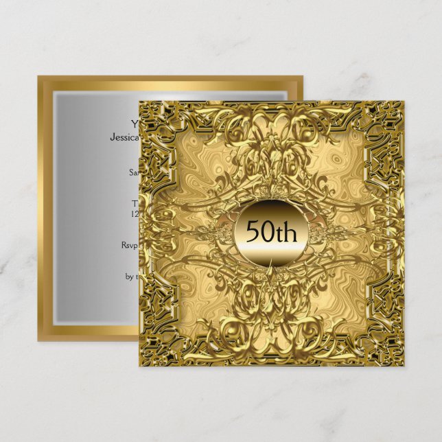 Invitación Lujo Hot 50 Gold Birthday Party Gold (Anverso / Reverso)