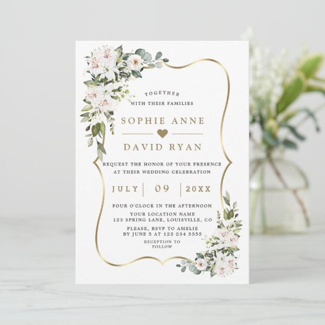 Invitación Lujo Imperial Blanco Lilies Rosa Boda de oro en (Anverso de pie)