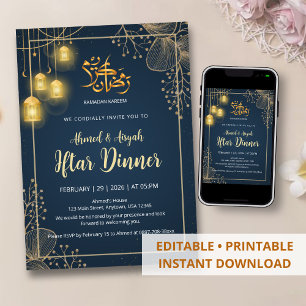 Invitación Lujo Marco de Iftar Azul Marino y Dorado Brillante
