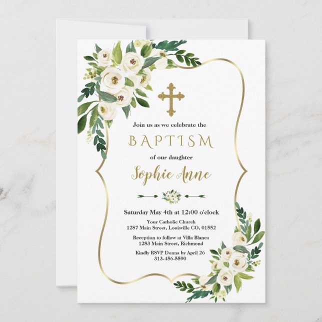 Invitación Lujo Marco dorado Flores blancas Chica Bautismo (Anverso)