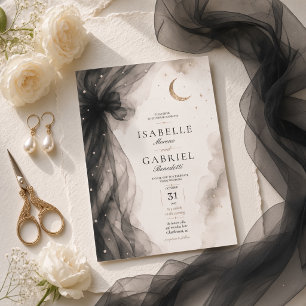 Invitación Lujo Media Luna Celestial Arco de Tulle Negro Cr