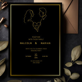 Invitación Lujo Minimalista Boda Negro y Dorado Elegante