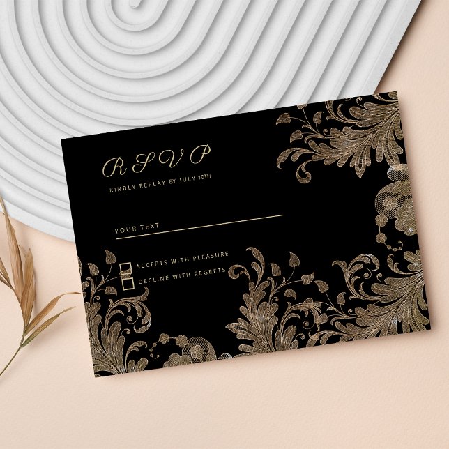 Invitación Lujo moda oro negro encaje floral RSVP (Luxury chic black gold floral lace RSVP )
