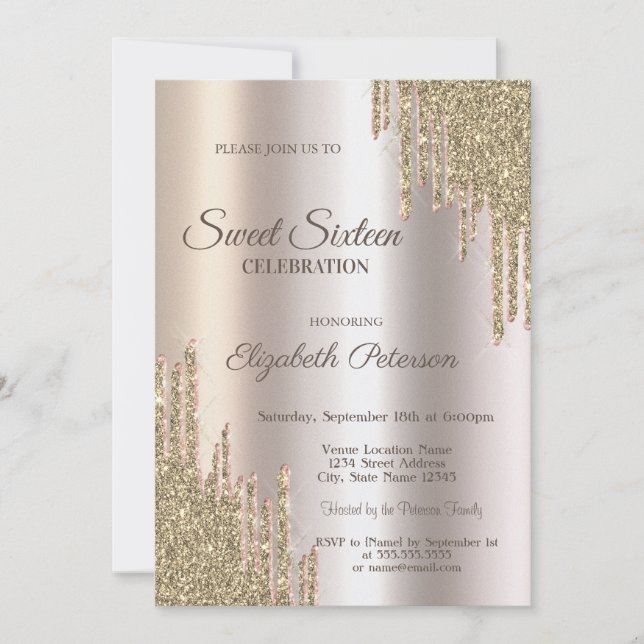 Invitación Lujo Modernos Brillos Gold Drips Dulces 16 (Anverso)