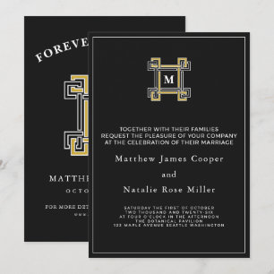 Invitación Lujo Monograma Clave Griega Negro Oro