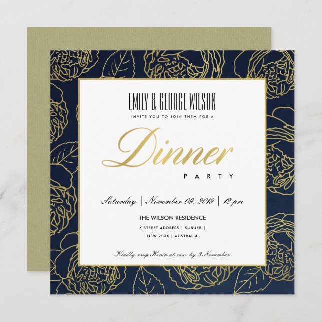INVITACIÓN LUJO NAVAL LUXUOSO ROSA FLORAL ORO FALSO PARA COMI (Anverso / Reverso)