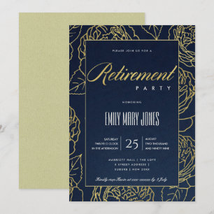 INVITACIÓN LUJO NAVAL ORO ELEGANTE ROSA FLORAL JUBILACIÓN