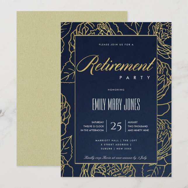 INVITACIÓN LUJO NAVY ORO ELEGANT ROSA FLORAL JUBILACIÓN (Anverso / Reverso)