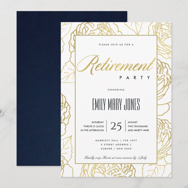INVITACIÓN LUJO NAVY ORO ELEGANT ROSE FLORAL JUBILACIÓN (Anverso / Reverso)