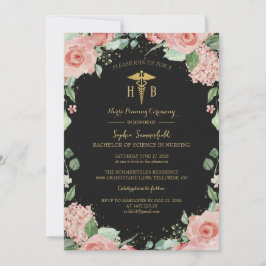 Invitación Lujo Negra y Dorada Floral Enfermería Graduación E