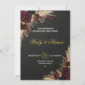 Invitación Lujo Negro Borgoña y Bodas Florales Doradas