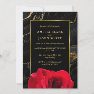 Invitación Lujo Negro Elegante Mármol Dorado y Rojo Boda