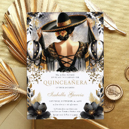 Invitación Lujo Negro Oro Estilo Mexicano Quinceañera