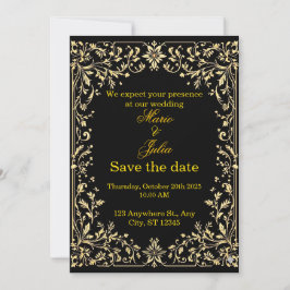 Invitación Lujo Negro y Dorado Escandinavo Rosemaling Boda