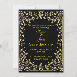 Invitación Lujo Negro y Dorado Escandinavo Rosemaling Boda