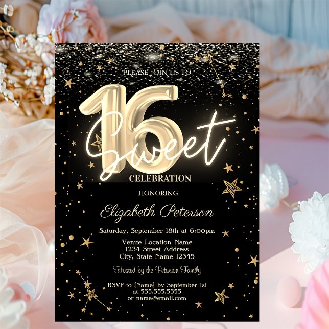 Invitación Lujo Oro Diamantes Estrellas Negro Sweet 16 (Subido por el creador)