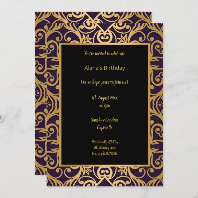 INVITACIÓN LUJO ORO NEGRO ABSTRACTO CUMPLEAÑOS (Anverso / Reverso)