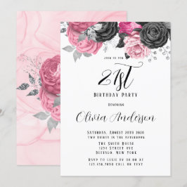 Invitación Lujo Pink Black Florals 21ª Fiesta de cumpleaños