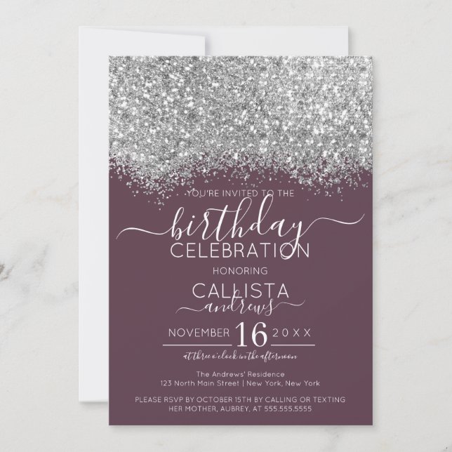 Invitación Lujo Plata Púrpura Purpurina Confetti Cumpleaños (Anverso)