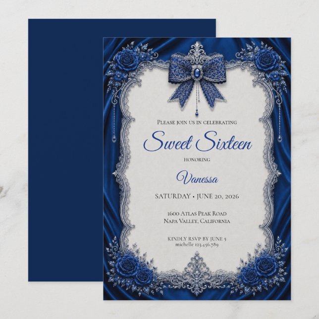 Invitación Lujo PlataAzul Real Plata Dulces 16 (Anverso / Reverso)