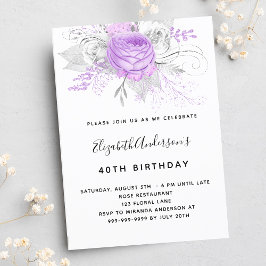 Invitación Lujo plateado elegante de flores púrpura de cumple