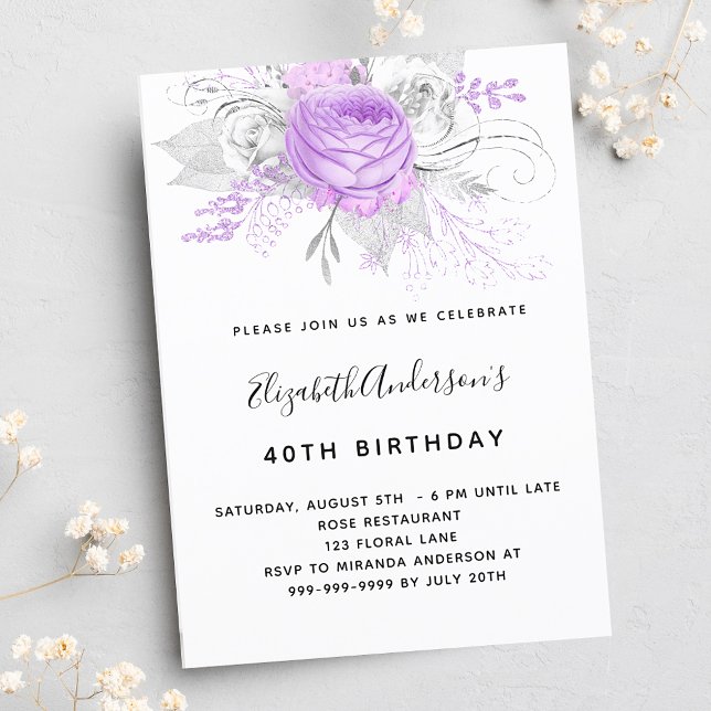 Invitación Lujo plateado elegante de flores púrpura de cumple (Subido por el creador)