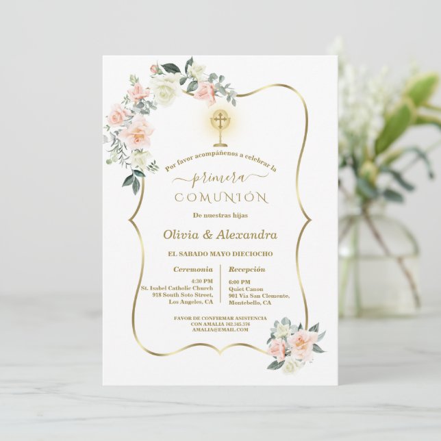 Invitación Lujo Primera Comunión Niñas Gemelas Comunión (Anverso de pie)