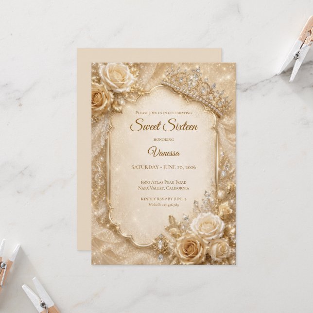Invitación Lujo Princesa Dulce 16 de Marfil Dorado (Anverso/Reverso In Situ)
