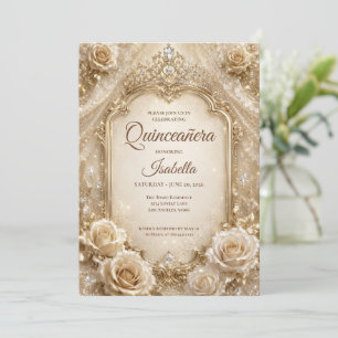 Invitación Lujo Princesa Quinceañera Marfil Dorado