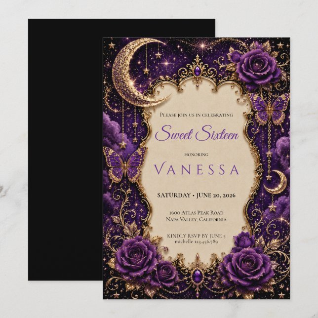 Invitación Lujo Purpura Brillo de Rhinestones dulce 16 (Anverso / Reverso)
