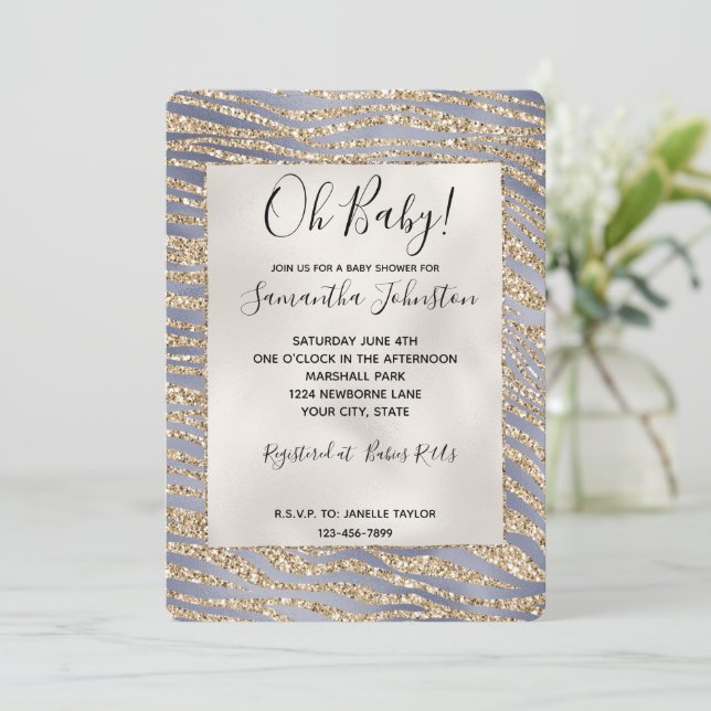 Invitación Lujo Purpura Dorado Brillo Estampado Cebra (Anverso de pie)