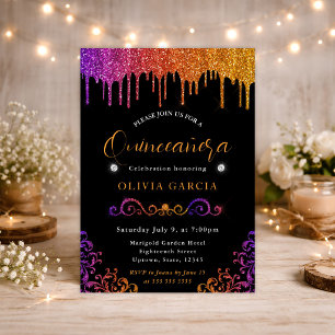 Invitación Lujo Purpura y Naranja Brillo Quinceañera