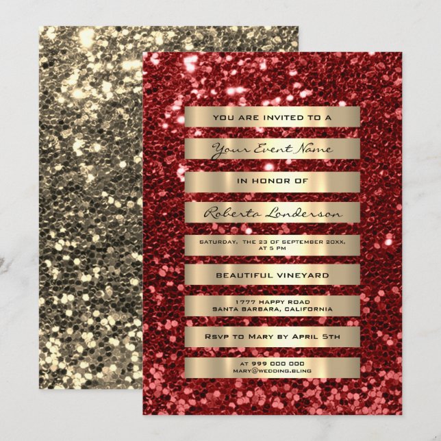 Invitación Lujo purpurina Bandas de Oro Champagne Rubin Red (Anverso / Reverso)