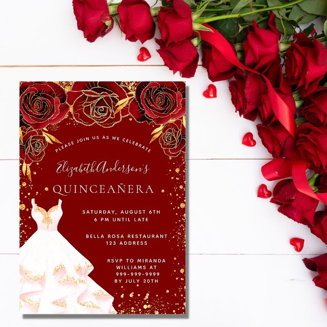 Invitación Lujo purpurina del vestido blanco dorado rojo Quin (Subido por el creador)