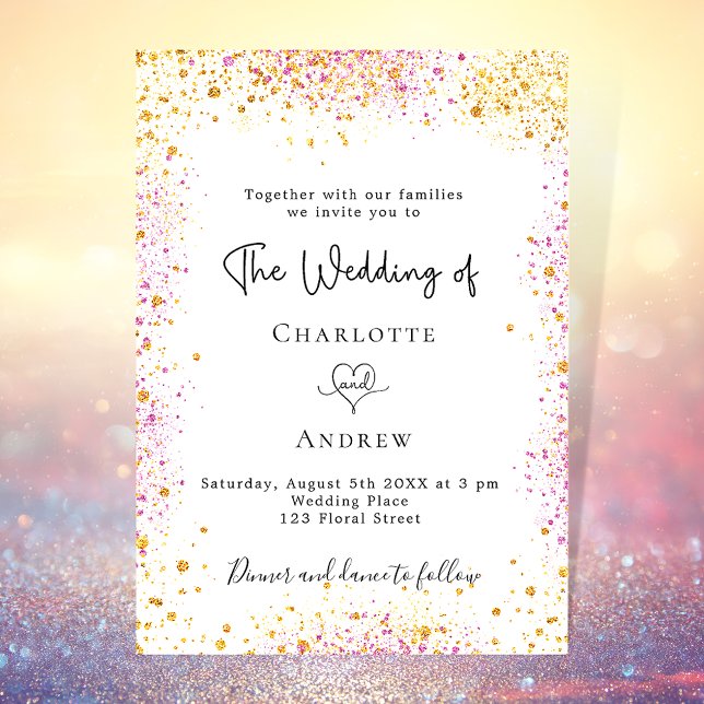 Invitación lujo purpurina rosa dorado blanco boda (Subido por el creador)