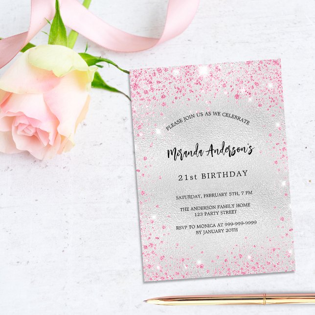 Invitación Lujo purpurina rosa plateado de cumpleaños (Subido por el creador)