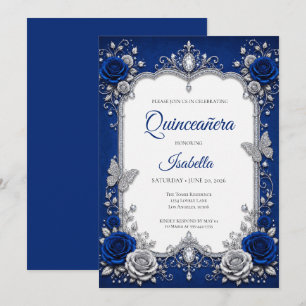Invitación Lujo Quinceañera Azul Real Plata