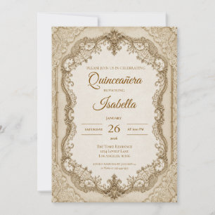 Invitación Lujo Quinceañera Encaje Marfil Dorado
