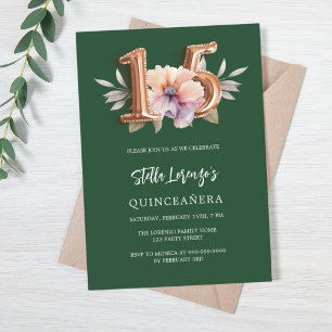 Invitación Lujo Quinceanera floral de durazno verde esmeralda