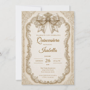 Invitación Lujo Quinceañera Lazo de Encaje Dorado Marfil
