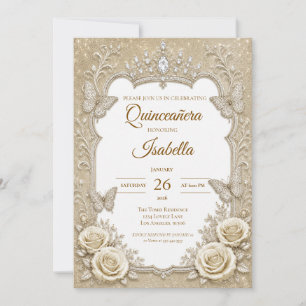 Invitación Lujo Quinceañera Lazo de Encaje Dorado Marfil